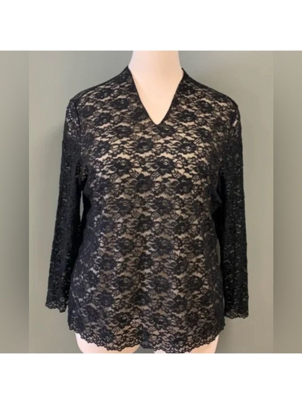 Dialogue Standing V-Neck Lined Body Lace Blouse 2X Black NWT